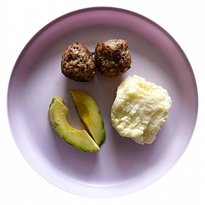 Lamb meatballs with quinoa, mashed potatoes, and avocado
