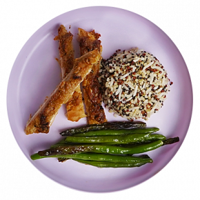 Pollo miso con arroz, quinoa, y habichuelas