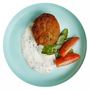 Tortitas de salmón con salsa de yogur y verduras