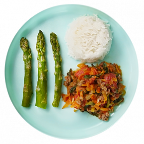 Boloñesa con arroz y espárragos