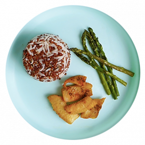 Flounder strips, quinoa rice, and veggies
