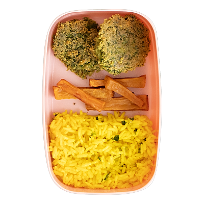 Falafel, rice, and sweet potato fries