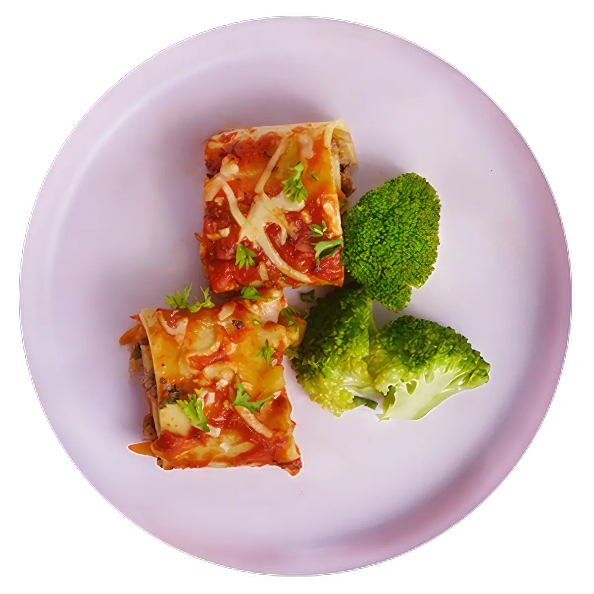 Bolognese lasagna rolls with a side of broccoli
