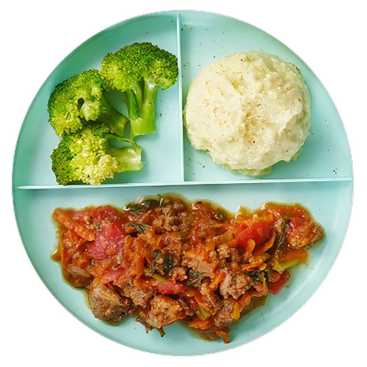 Boloñesa con puré de papas y brócoli