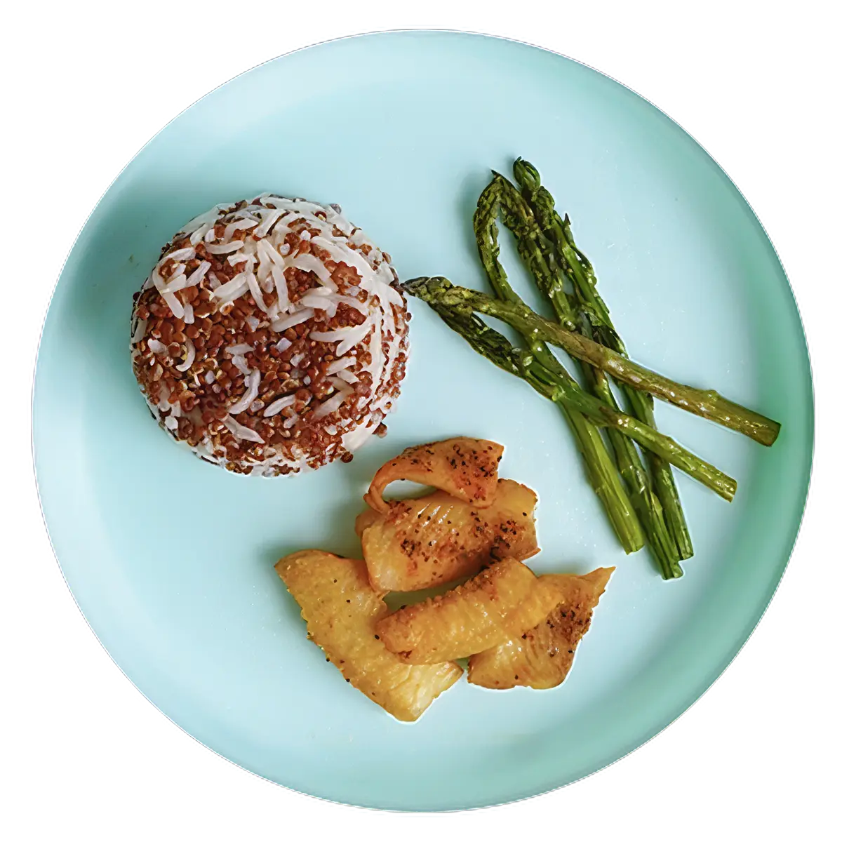 Flounder strips, quinoa rice, and veggies