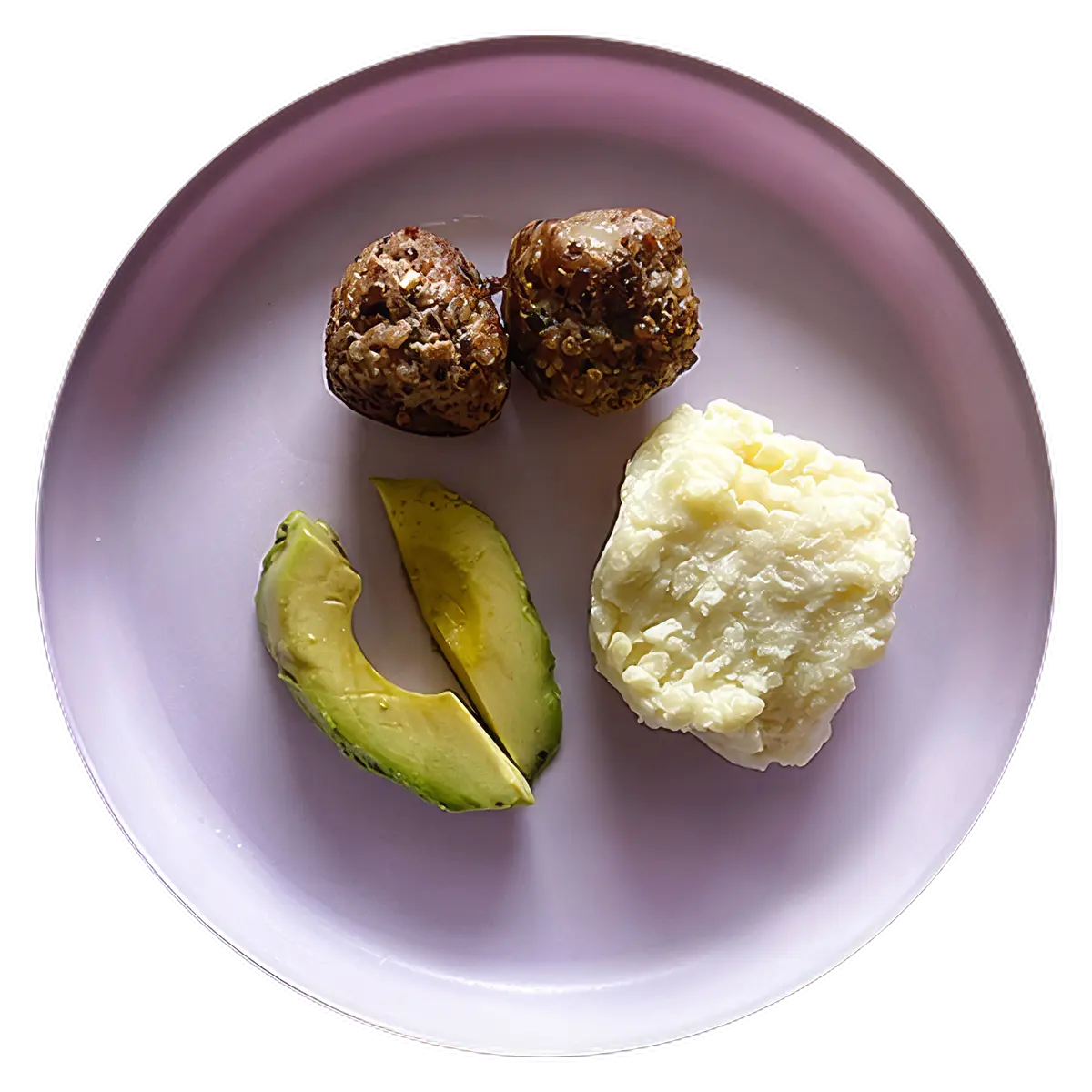 Lamb meatballs with quinoa, mashed potatoes, and avocado