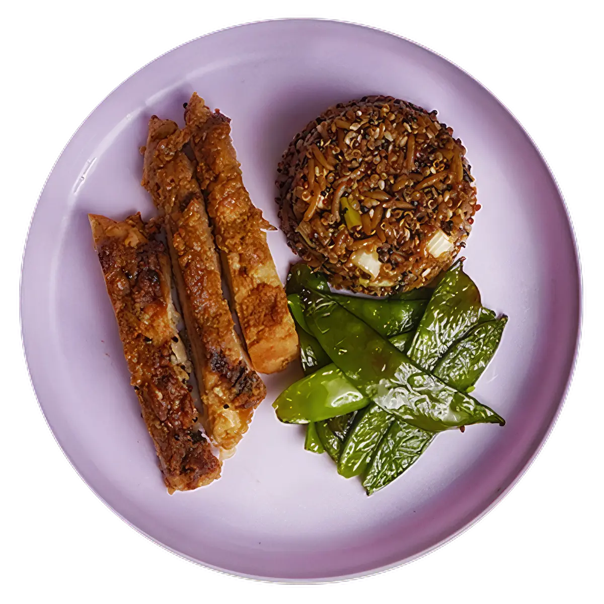 Pollo miso con guisantes y arroz con quinoa y sésamo