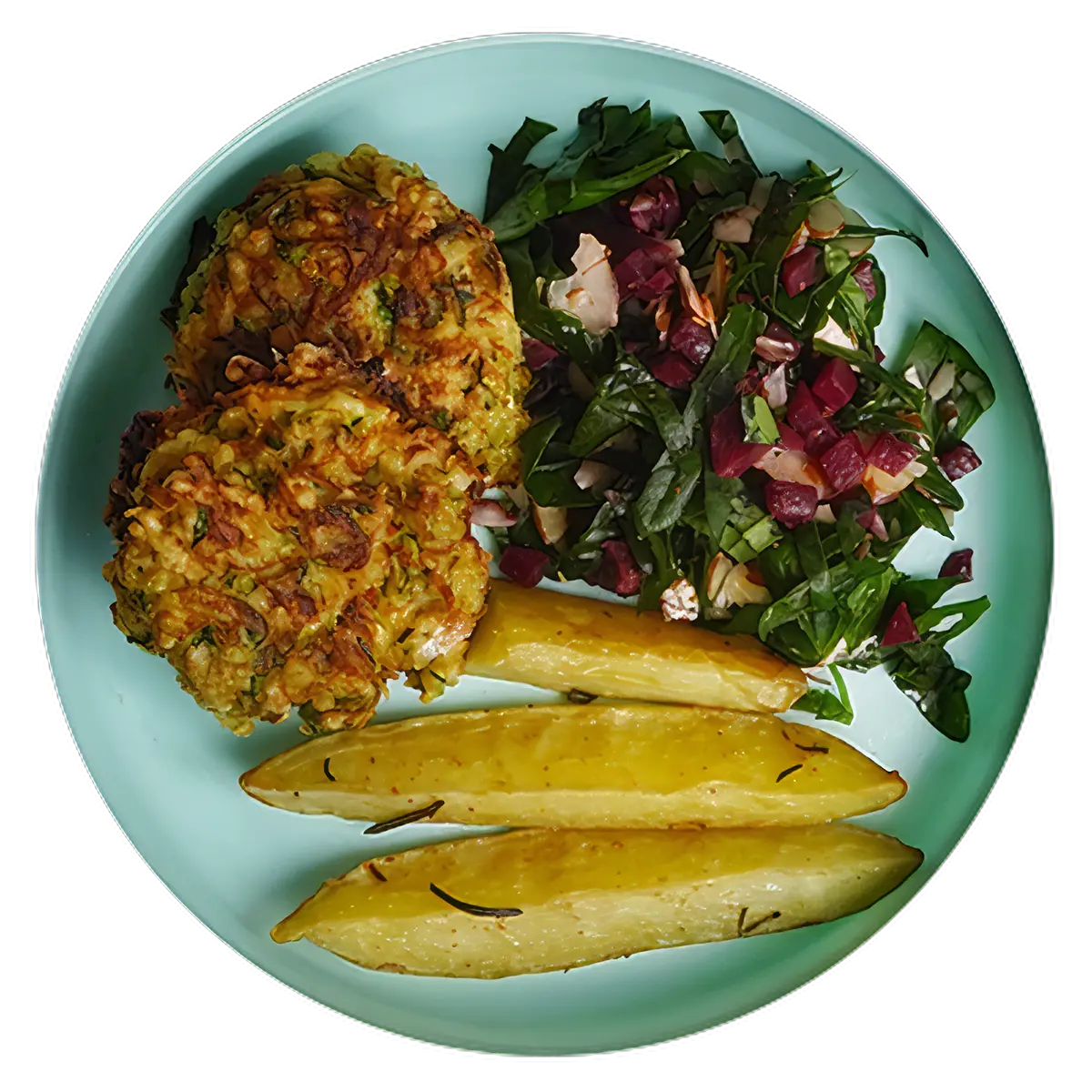 Zucchini fritters with garden salad and potatoes
